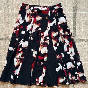 White House Black Market Black and Red Floral Swing Midi Skirt, Size 00